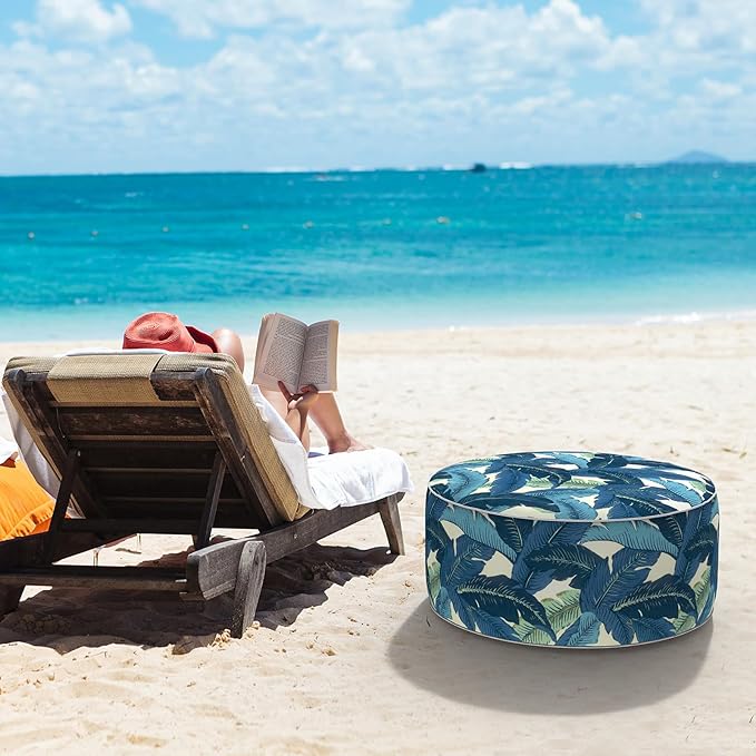 LVTXIII Indoor/Outdoor Inflatable Ottoman, D31 x H14 Inch Large Round Ottoman, All Weather Foot Rest Stool, Portable Footrest for Patio, Garden, Camping and Home - Swaying Palms Blue