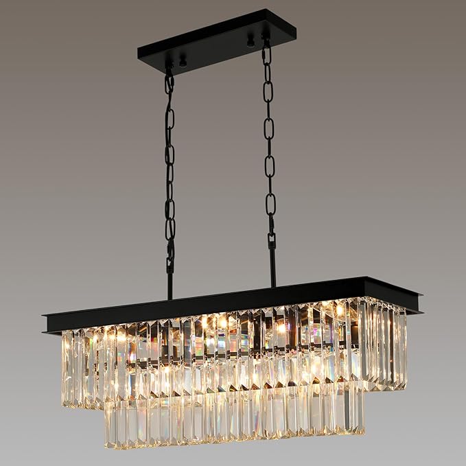 Black Crystal Chandeliers for Dining Room Light Fixtures Over Table,9-Lights Modern Rectangle Chandeliers for Kitchen Island Bar L28 Inch
