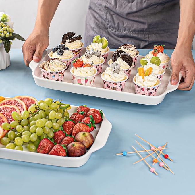 Dizada Large Serving Platter with Handles, 16" x 9" Porcelain Serving Tray, White Rectangular Platters for Entertaining & Serving Food, Serving Trays for Party, Appetizer, Charcuterie - Set of 3