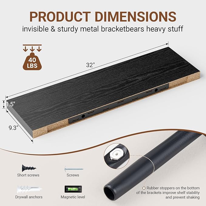 Heimlove 32 Inch Floating Shelves for Wall,Black 9.3" Deep Floating Shelf Set of 2,Wall Mounted Shelves for Bathroom Bedroom Living Room Kitchen Office,Shelf for Books Storage Room,Home Decor