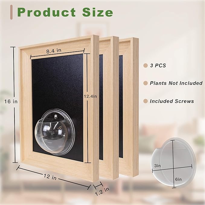 Natural Wooden Frame Wall Hanging Planter for Hydroponic Plants, 12'' x16''inch Wall Vase with Round Acrylic Propagation Station,Bathroom, Office, or Living Room Décor, Set of 3