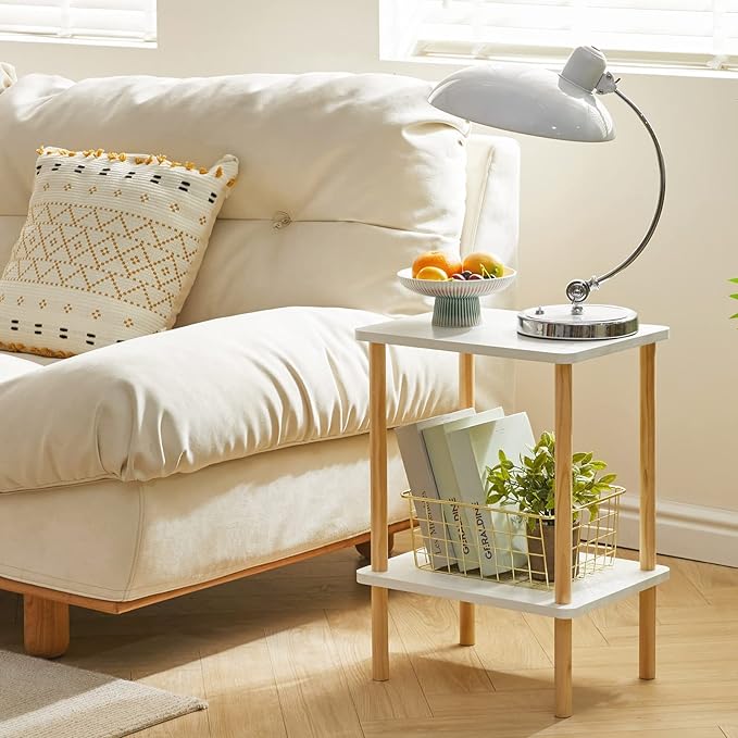 IBUYKE 2-Tier Side Table, Solid Wood Tall End Table with Storage Shelves, Nightstand Bedside Table for Living Room Bedroom Office, No-Tool Assembly, White UWST002W