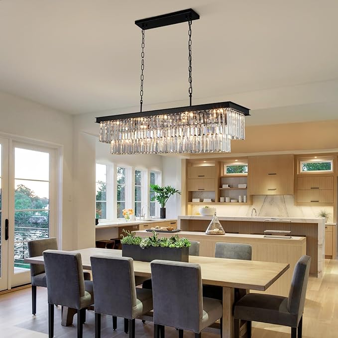 Crystal Chandeliers for Dining Room Light Fixtures Over Table,15-Lights Black Modern Rectangle Chandeliers for Kitchen Island Bar L40 Inch