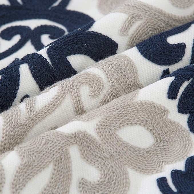 HWY 50 Navy Blue Decorative Throw Pillow Covers 18x18 Inch (1 Piece), Embroidered Cotton Farmhouse Cushion Cover Pillow Case for Sofa Couch Living Room Bed Bedroon, Floral Geometric