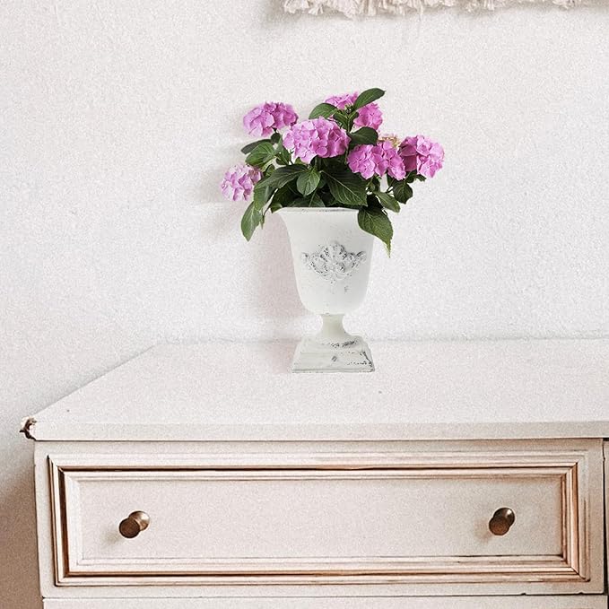 POPETPOP Tall Urn Vase Retro White Metal Urn Planter Pedestal Flower Pot Rustic Farmhouse Flower Holder for French Country Style Home Table Centerpiece Decor,5.9x5.9x7.47 inches