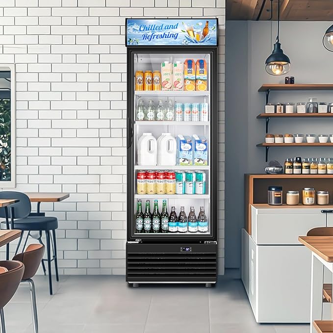 Tylza Commercial Refrigerator with Glass Door Display Beverage Fridge, 11.15 Cu Ft Upright Beverage Cooler Merchandiser with Replaceable Advertising Light Board, Rebound Door, Fast Cooling, Black