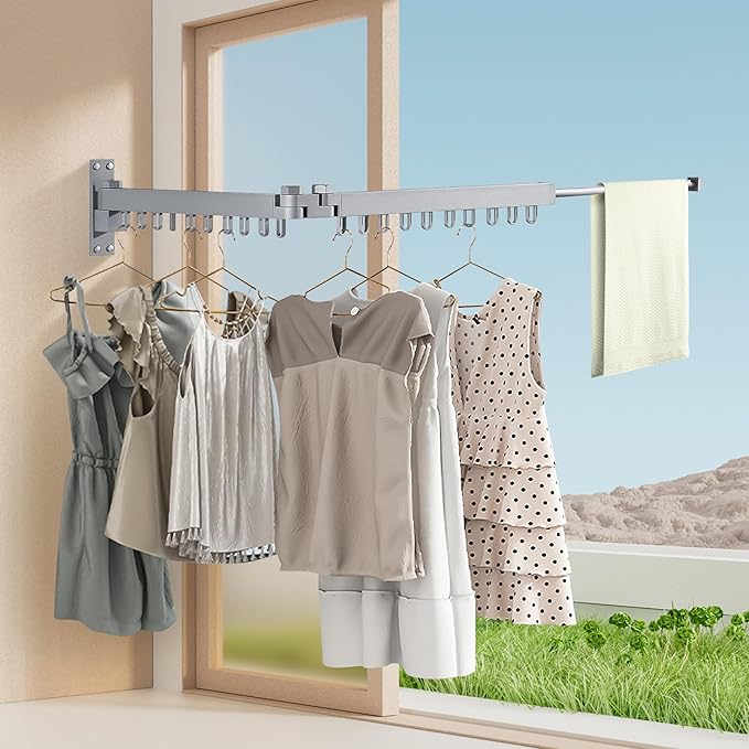 Bakala Clothes Drying Rack, Laundry Drying Rack Foldable, Heavy-Duty Space Saving Hangers, Wall Mounted Clothing Racks for Laundry Room Organization, Folding, Retractable 64" Clothes Dryer (Silver)