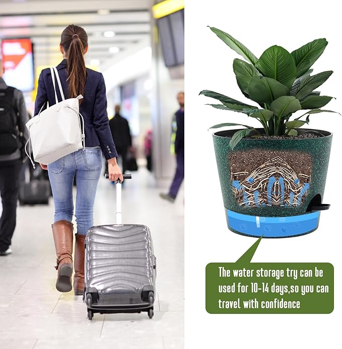 Self Watering Pots for Indoor Plants,12 inch Planters with Drainage Holes Plastic Flower Pots with Deep Reservoir, Black with Green Speckles