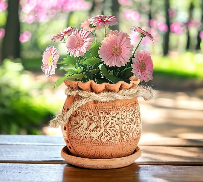 Ceramic Pot with Drainage Hole and Saucer, Plant Pots, Modern Decorative Planters for House Plants Indoor Flowers Plants, Cute Flower Pot - Gifts (Birds (1.7 L))