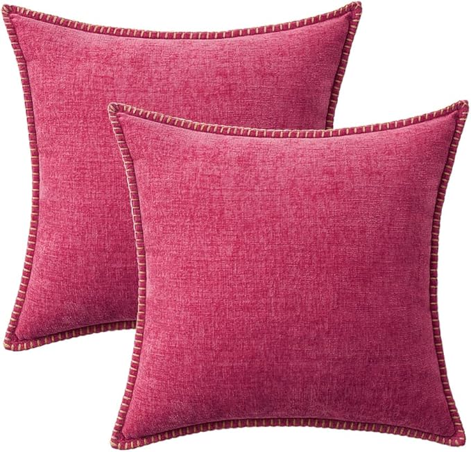MIULEE Pack of 2 Couch Throw Pillow Covers 20x20 Inch Hot Pink Farmhouse Decorative Pillow Covers with Stitched Edge Soft Chenille Solid Dyed Spring Pillow Covers for Sofa Bed Living Room