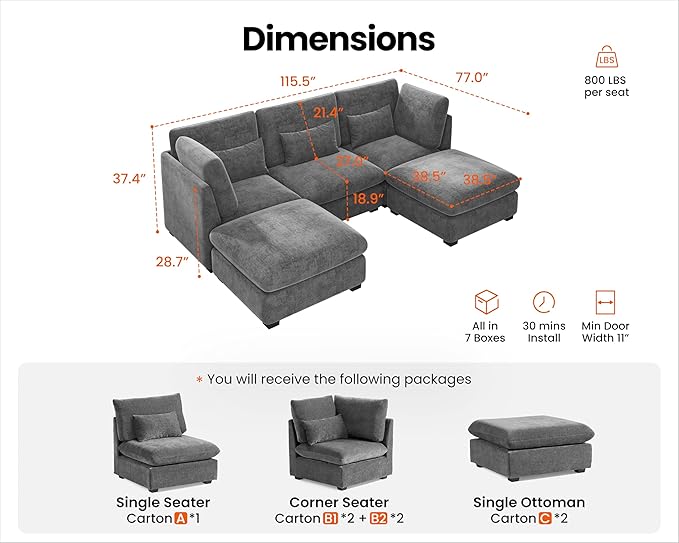 Oversized Modular Sofa, Extra Deep Cloud Chenille Sectional Couch with Ottoman Chaise, Fluffy Chenille 5 Seater Sofa Bed for Living Room, Villa (U Shape 5 Seater, Chenille Grey)