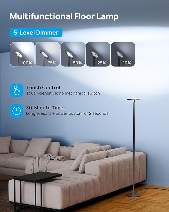 TROND Floor Lamp, Bright Sky LED Modern Torchiere Lamp, 71 in Tall Aluminum Pole Light, 5500K Natural Daylight Standing Light, Touch 5-Level Dimmable, 5000 lm, 30 Mins Timer for Living Room Bedroom