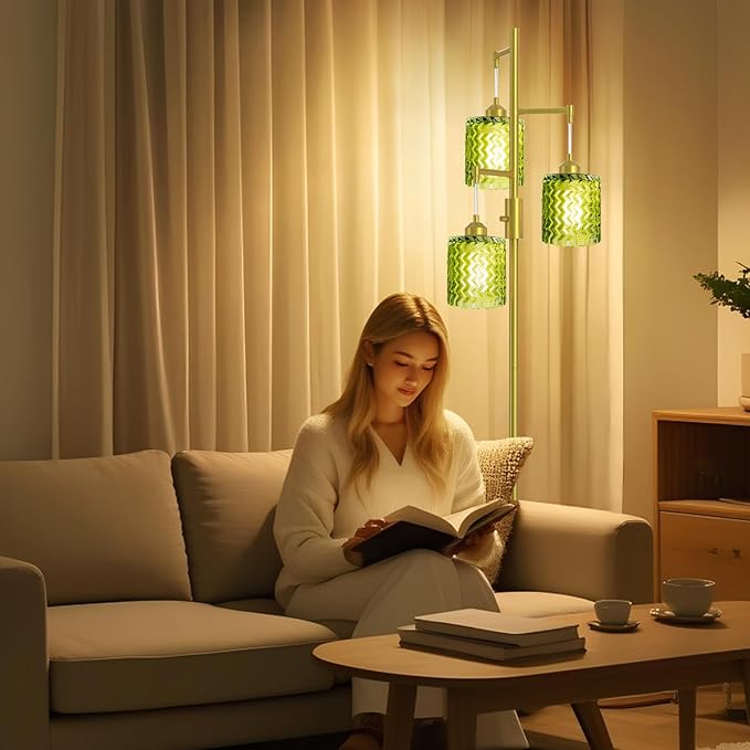 Gold Floor Lamp for Living Room, Vintage 3-Light Green Glass Standing Lamp, Brass Base Mid Century Modern, Retro Tree Design Tall Floor Lamps