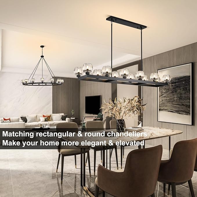 59 Inch Black Rectangle Wagon Wheel Chandeliers, Black Chandelier for Dining Room Over Table, Modern Crystal Long Chandelier, Farmhouse Large Linear Chandeliers for Kitchen Island