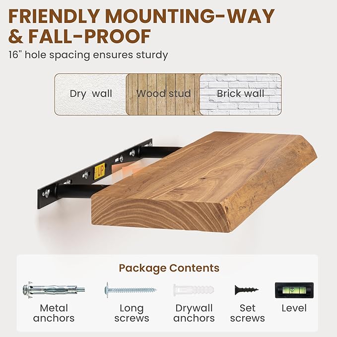 24" Floating Shelves, Live Edge Solid Elm Wood Floating Shelf, Wall Mounted Display Shelves with Heavy-Duty Bracket for Books, Rustic Wooden Shelf for Kitchen, Bathroom, Natural Color, Set of 2