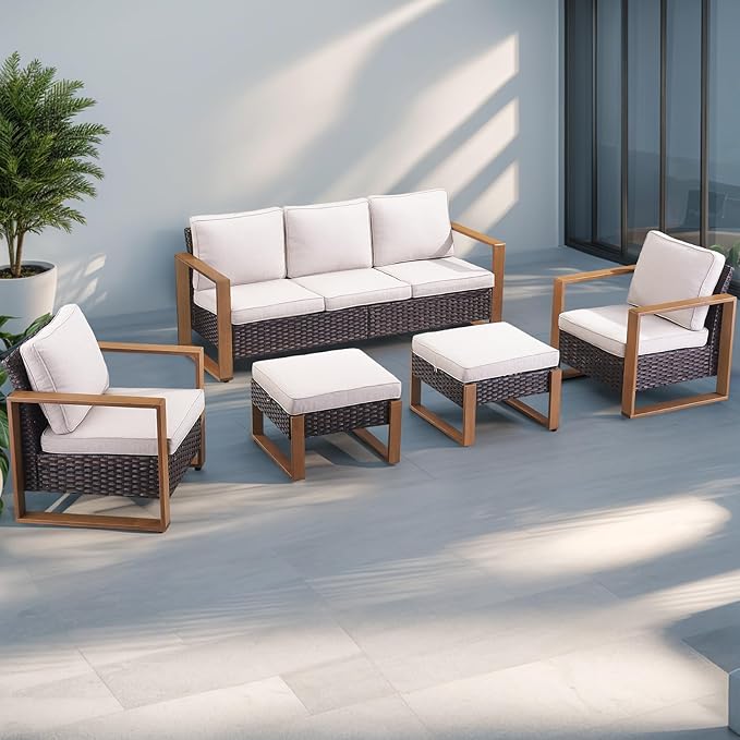 Outdoor Wicker Patio Furniture Set - 5 Piece Patio Conversation Set with 2 Wicker Armrest Chairs,2 Rattan Ottoman and 1 Couch,Sturdy Frame,Thick Cushions,Deep Seating(Brown/Beige)
