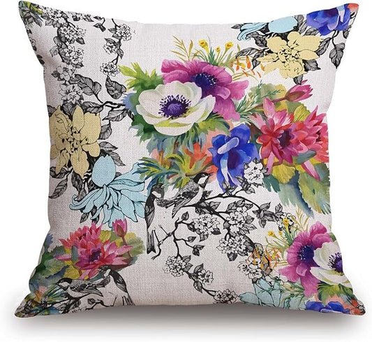 TSSOHU Throw Pillow Cover Vivid Colorful Garden Print Blossoming Wildflowers Birds Leaves Branches Decorative Throw Pillow Case Square 18" x 18" Home Couch Bed Pillowcase