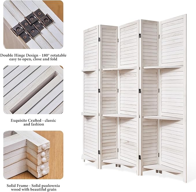 Partition Room Dividers, Folding Wood Privacy Screen with Three Display Shelves Suitable for Home Office, Study, Art Display - 5 Panel, 67 * 64inch (White-Washed)