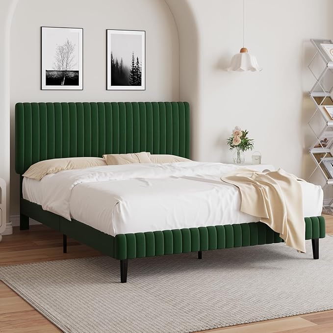 Queen Size Bed Frame, Velvet Upholstered Platform Bed with Vertical Channel Tufted Headboard and Footboard, No Box Spring Required, Easy Assembly, Green