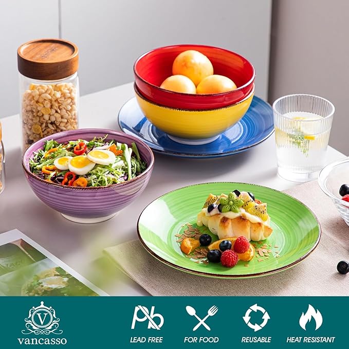 vancasso Bonita Dinnerware Sets, 24 Pieces Multicolor Stoneware Dinner Set for 6, Handpainted Spirals Pattern Ceramic Plates and Bowls Sets Kitchen Plate Set