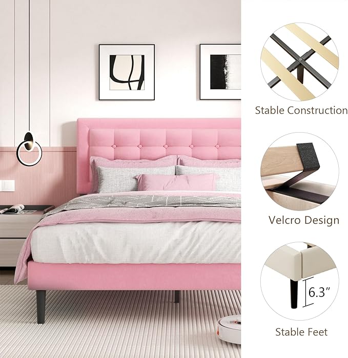 King Size Bed Frame with Headboard, Platform Bed Frame with Velvet Upholstered Button Tufted Headboard, Wood Slats Support, No Box Spring Needed, Mattress Foundation, Easy Assembly, Pink