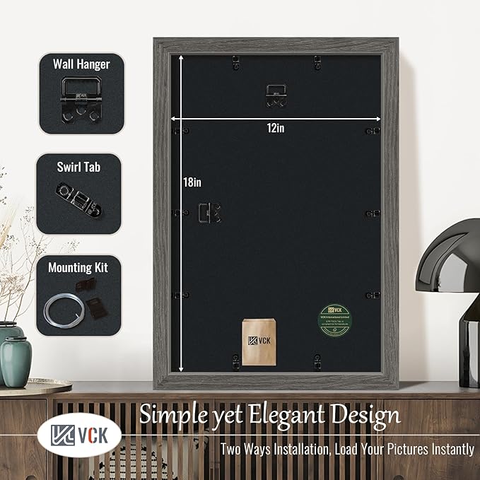 VCK 12x18 Frame Set of 3, Gray Solid Wood Poster Picture Frame, Exclusive Wood Grain, Wall Gallery Frame