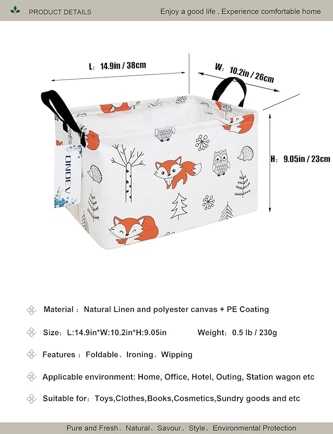 Rectangular Folding Laundry Basket,waterproof Canvas Basket,gift basket,Suitable for children's room,Office,Clothes,Toys Storage(Fox)