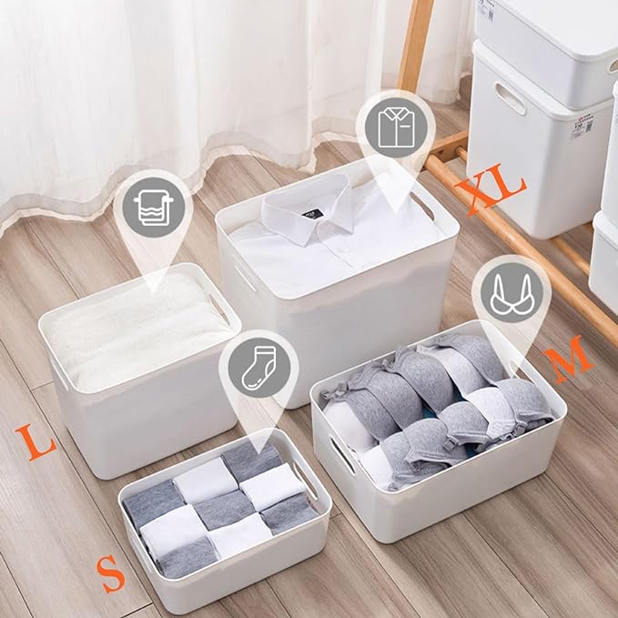 5 pack large plastic White storage bins with Lids, Toy Box Chest with Handle,Organizer Containers Baskets for Baby,Nursery,Shelves,Playroom, Bedroom,Office,Closet,home (White, 5L)