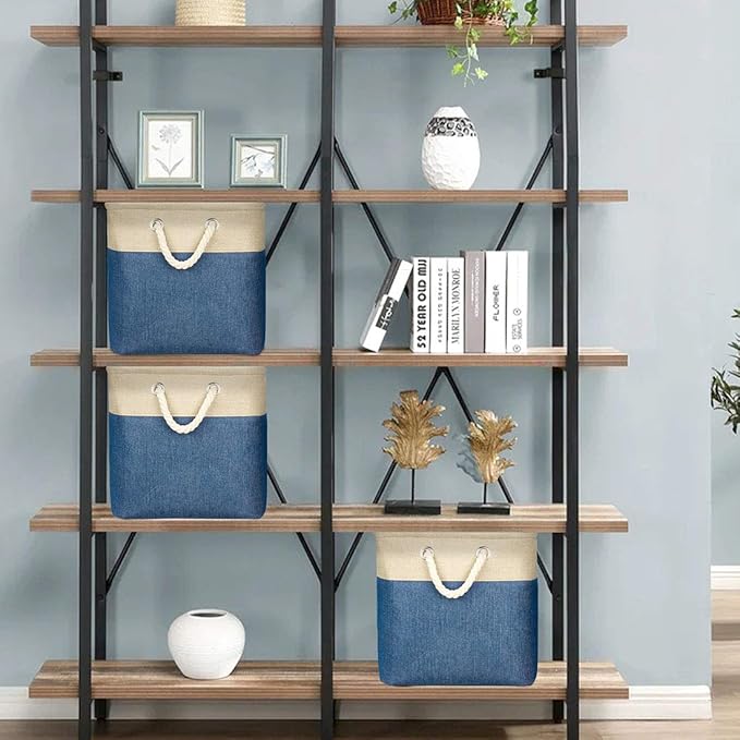 i BKGOO 3Pack Large Foldable Storage Bins,Collapsible Sturdy Cationic Fabric Organizing Storage Basket Cube with Cotton Handles for Home Office Shelf Clothes Toys Khaki-Blue 13×13×13 inch
