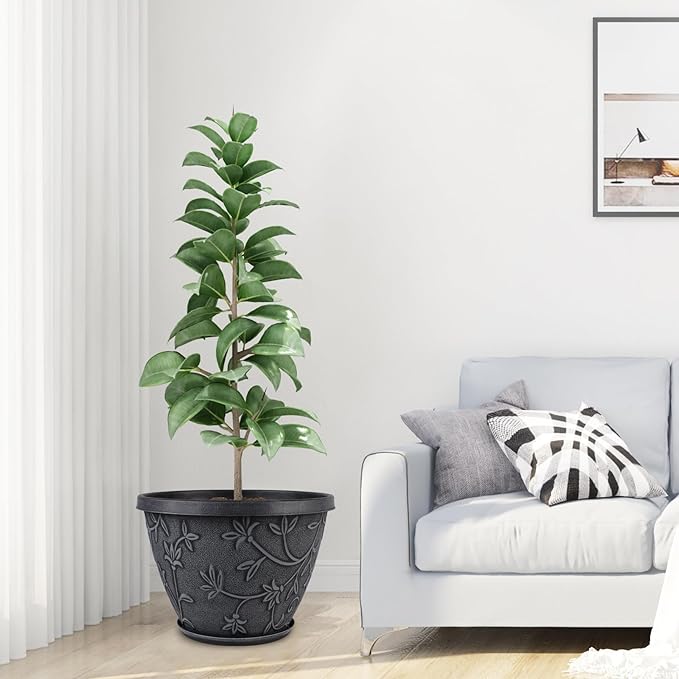 4 Pack 16 Inch Large Plant Pot for Outdoor, Plastic Flower Pot Indoor with Drainage Hole & Saucer, Modern Decorative Garden Pot, Imitation Magnolia Garden Pots for House Planters(Gray)