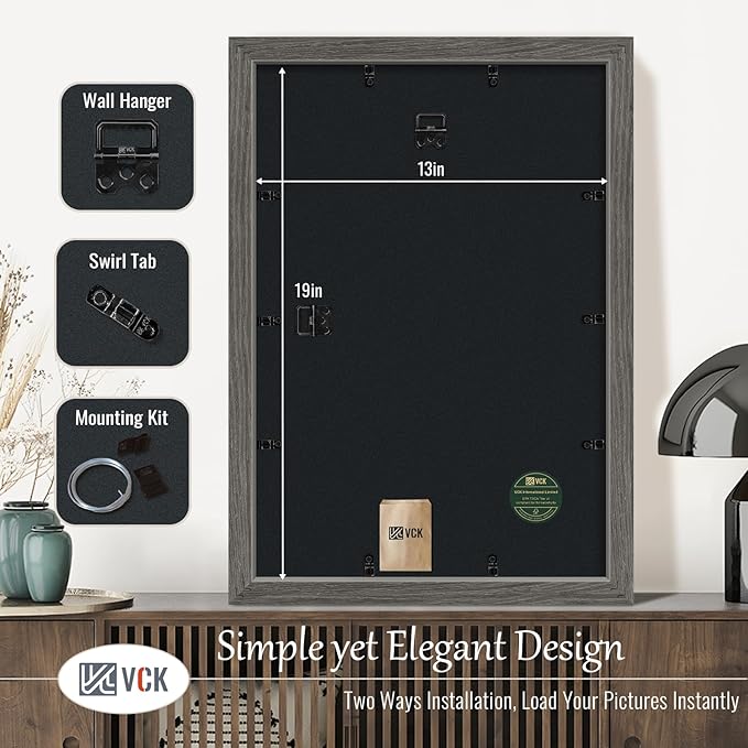 VCK 13x19 Picture Frame Set of 3, Gray Solid Wood Poster Picture Frame, Exclusive Wood Grain, Wall Mounting Hanging