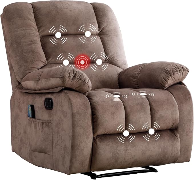 Massage Recliner Chair with Heat and Massage, Soft Fabric Ergonomic Manual Reclining Chairs, Heavy Duty Reclining Sofa Chair with Side Pockets for Living Room (Tan)