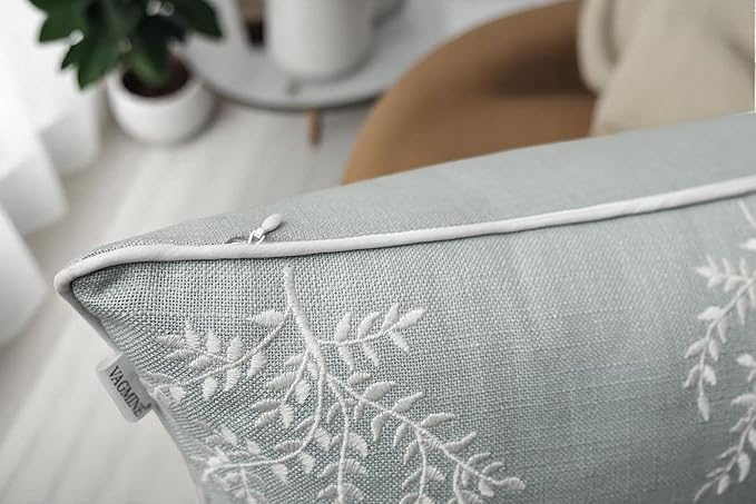VAGMINE Embroidered Leaves Throw Pillow Cover - 18x18 Inches Square - 100% Cotton Robins Egg Decorative Cushion Cover - Coastal Inspired Leaf Stitch - Stylish Home Accent for Sofa, Couch, Bedroom