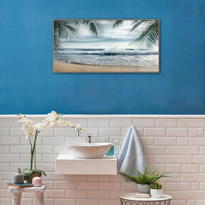Framed Tropical Beach Wall Art - Ocean Waves Canvas Pictures Coastal Blue Sky and Sea Print Seaside Palm Tree Leaves Scene Painting Artwork Living Room Bedroom Office Home Decor 20" x 40"