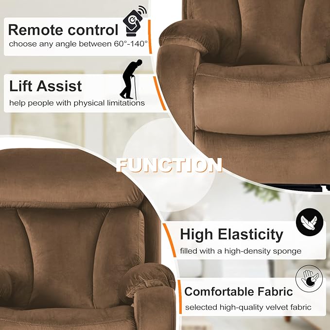 Power Lift Chair Recliners for Elderly, Modern Adult Power Lift Recliner, Velvet Upholstery Electric Lift Chair Recliner with Side Pocket for Living Room (Brown)