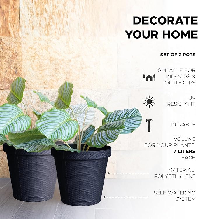 Elly Décor Set of 2 10 inch Round Saucer Modern Self Watering Planter Plates, Pots with Rattan-Like Finish, 10x10 Onix Gray