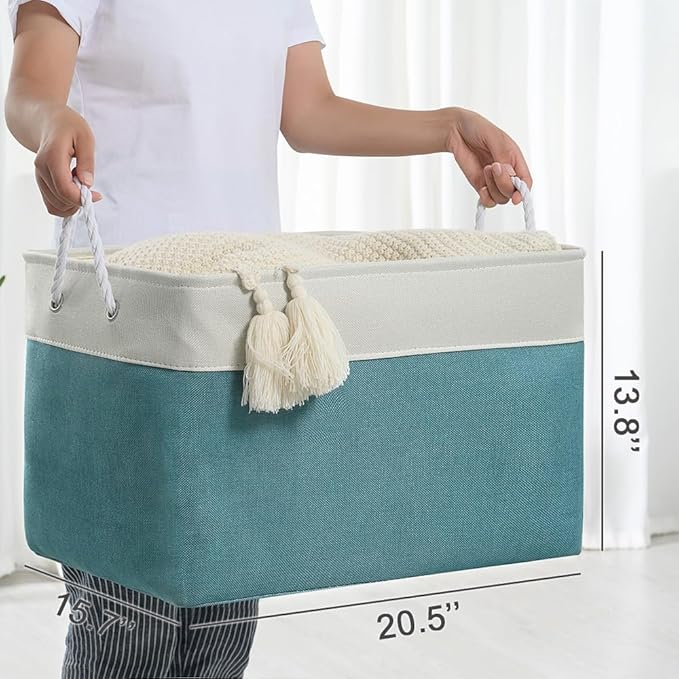 TheWarmHome Storage Bin for Shelves - Extra Jumbo 3 Pack 20.5L×15.7W×13.8H Storage Basket for Organizing, Fabrin Storage cubes with Drawstring Cover for Living Room Bedroom Decor Closet(White & Green
