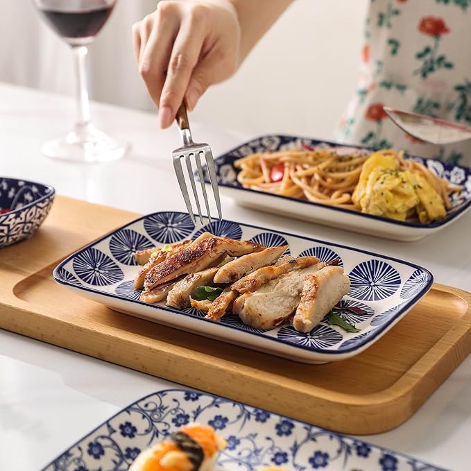 Selamica Ceramic Rectangular Salad Plates Set, Dinner Plate 9.4 Inch Dessert Plates for Party Entertaining, Small Serving Plates for Appetizers, Sushi, Fruit, Set of 4, Vintage Blue