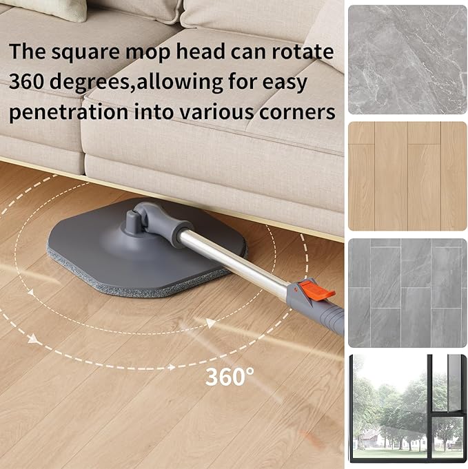 Spin Mop and Bucket Set with Separate Dirty and Clean Water,360° Spin Mop and Bucket System with Widening Foldable Handle,4 Replaceable Mop Pads,Square Mop for Floor Hardwood Tile Marble Wall Cleaning