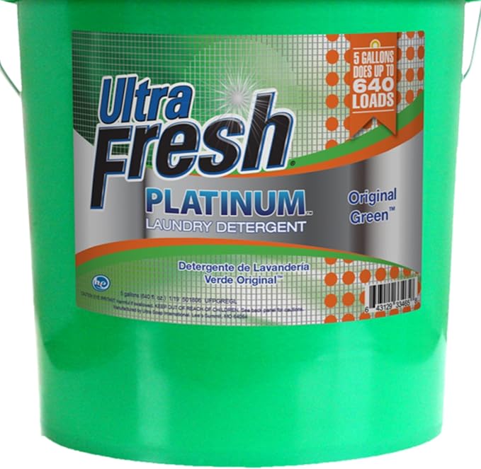 Ultra Fresh 5 Gallon Liquid Laundry Detergent Washing Soap for All Machine Types, 3X Platinum, Up to 640 Loads, Original Green