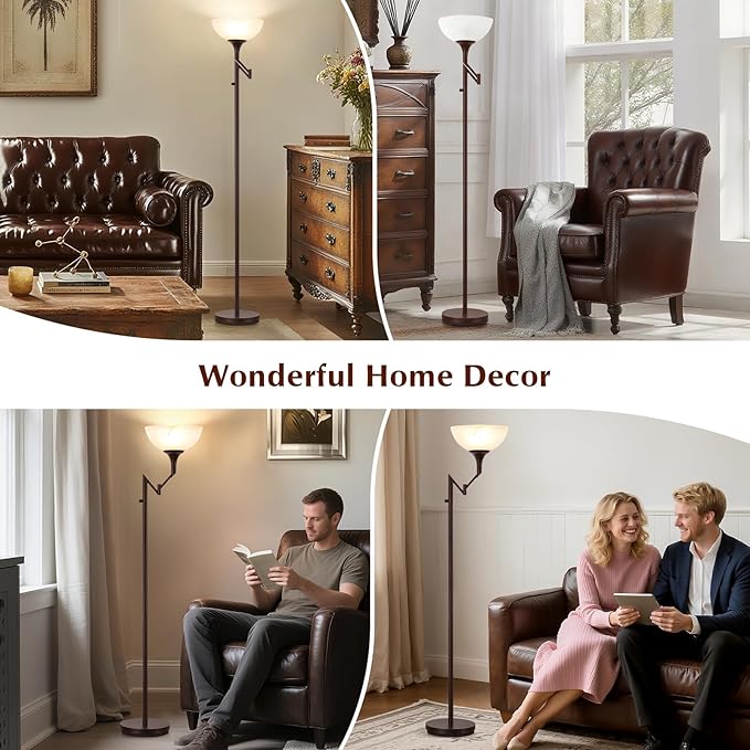 Floor Lamps for Living Room Bronze, 71" Tall Standing Lamp with Glass Shade, Vintage Floor Lamp with 350°Adjustable Swing Arm Lamp, Pole lamp for Bedroom, Living Room, Office, Bulbs Included
