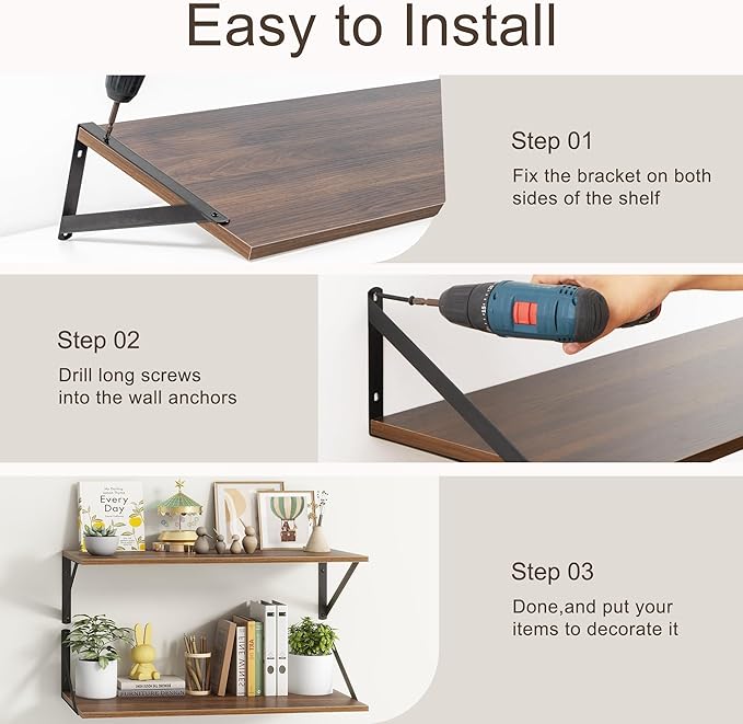 Floating Shelves 55 Inch Long, 10" Deep Floating Shelves, Walnut Wall Shelves 55 x 10, Set of 2, Wide Large Display Storage Shelves for Bathroom, Living Room, Rustic Wood Shelves with Brackets