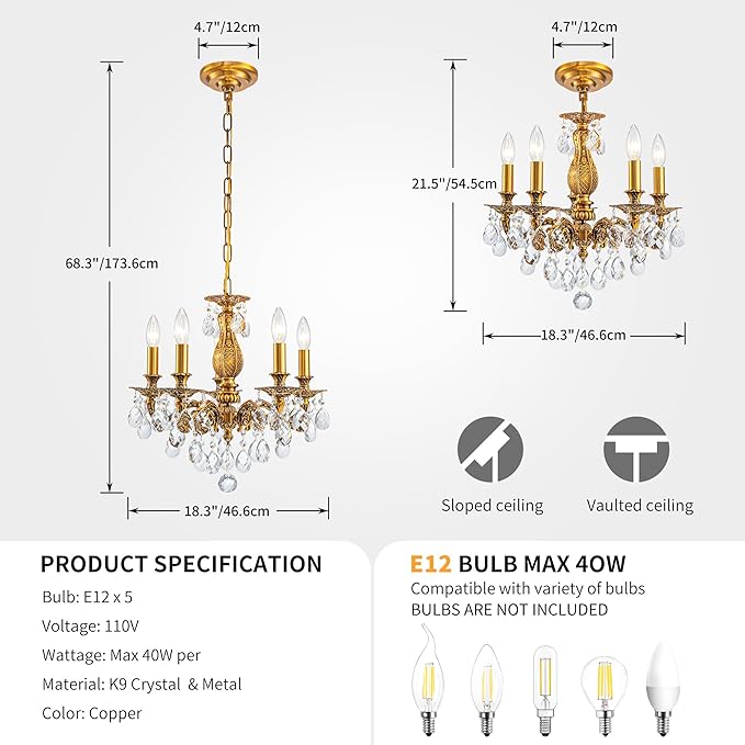 French K9 Crystal Maria Theresa Chandeliers, Luxury Vintage Pendant Light Fixture for Dining Room, Living Room, D18.3*H21~68 inch (Adjustable), Clear Crystal & Antique Bronze Finish Frame