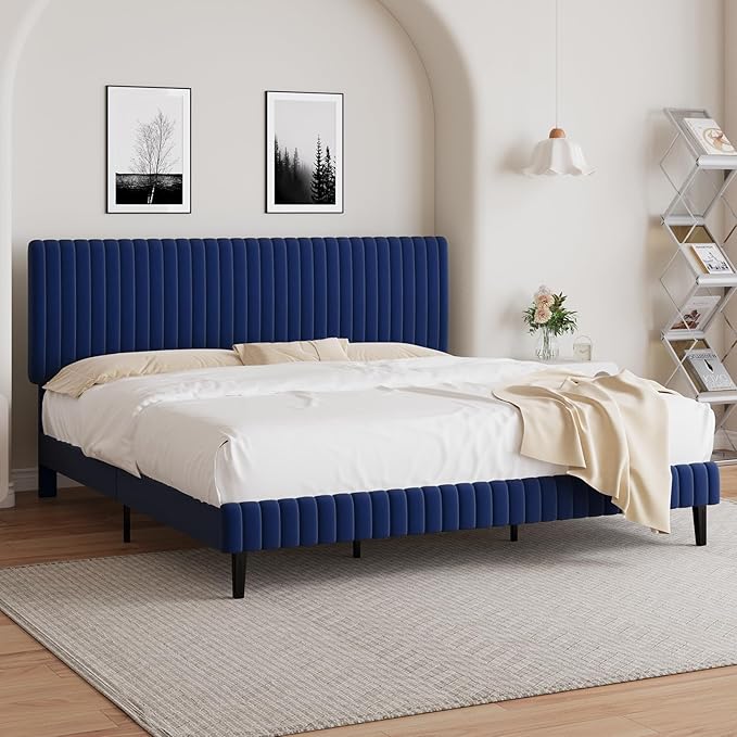 King Size Bed Frame and Headboard, Velvet Upholstered Platform Bed with Vertical Channel Tufted Headboard and Footboard, No Box Spring Required, Easy Assembly, Blue