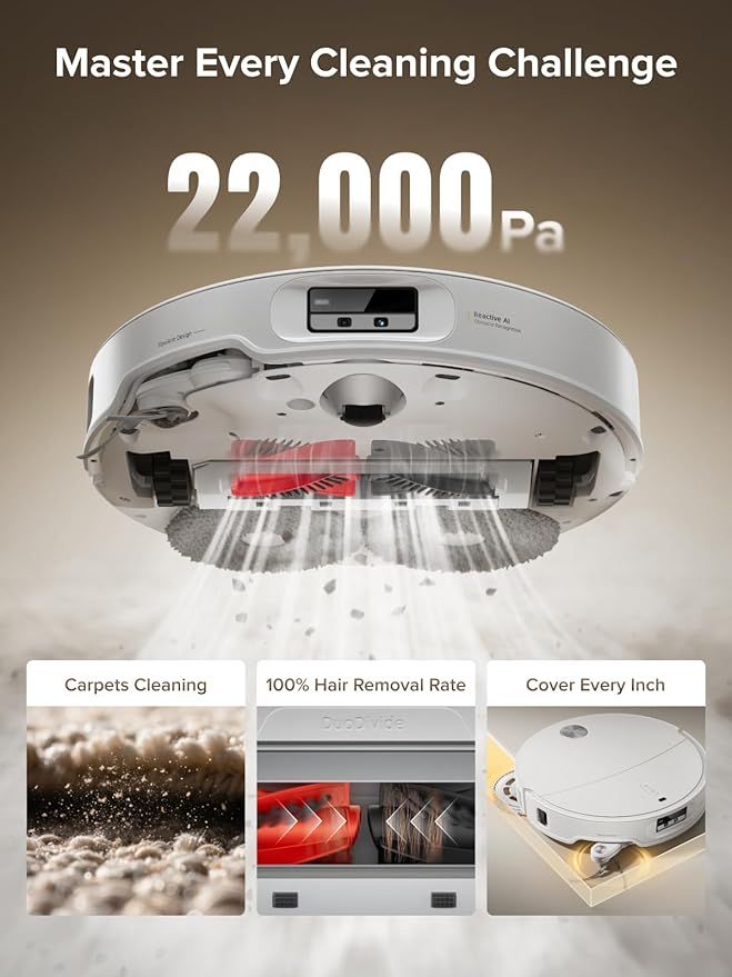 roborock Qrevo CurvX Robot Vacuum and Mop, 22,000Pa Suction, 3.14’’ Ultra Slim, Dual Anti-Tangle System, Reactive AI Obstacle Recognition, AdaptiLift Chassis, Auto Hot Water Mop Washing & Drying