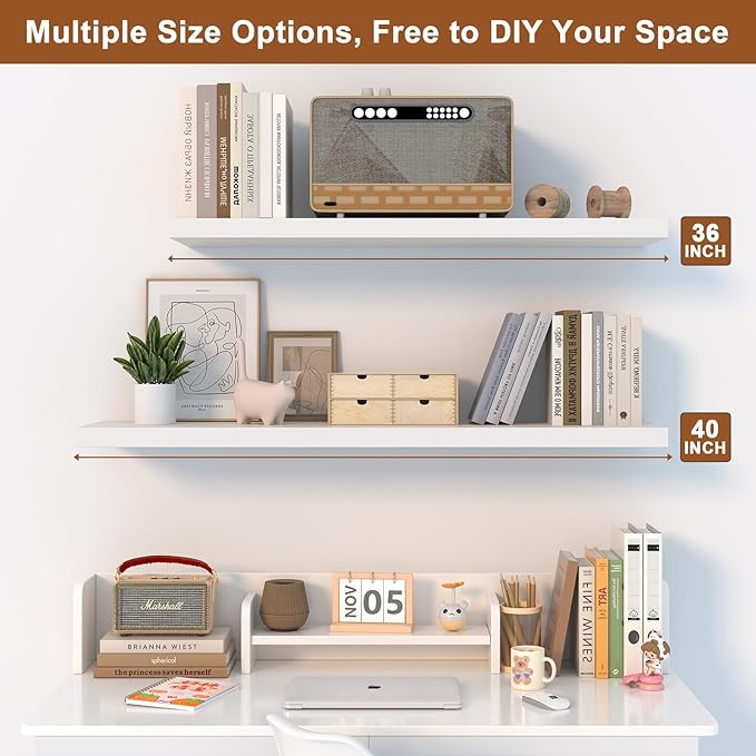 40 Inch Floating Shelf 3 Pack Large Floating Shelves for Wall No Drilling Accessories Included Deep Wall Shelves for Living Room Kitchen Farmhouse 40" W x 12" D x 1.2" White