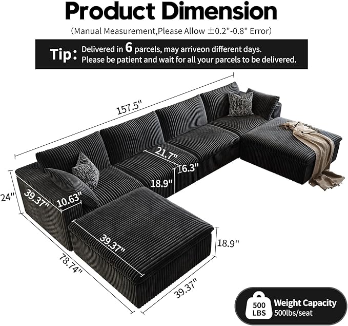 157.5" Cloud Couch Oversized Modular Sectional Sofa for Living Room,Modern Sofa with Deep Seat,U-Shape Boneless Couch with 2 Ottoman,Comfy Upholstered Couches for Apartment, Studio, Office,Black