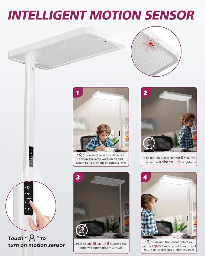 EMITEVER LED Floor Lamp, 100W Spectrum Eye Care Standing Lamp, 77'' Dimmable Motion Sensing & Daylight Sensing Reading Lamp for Study, Living Room, Conference, Office, 4000K Natural Daylight, White