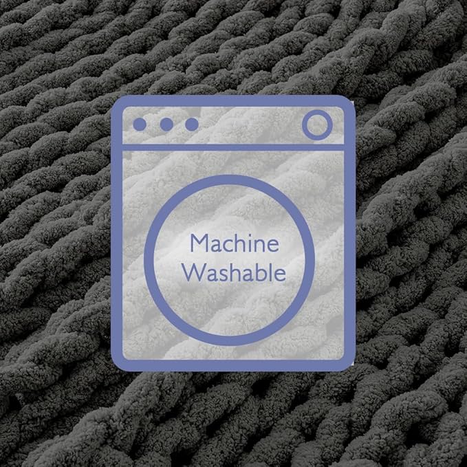 Bigacogo Chunky Knit Throw Blanket for Couch, 40x40 inches, 100% Hand Knitted with Thick Jumbo Chenille Yarn, Cozy Soft Large Rope Knot Cable Crochet Blankets for Sofa Bed Living Room, Dark Grey