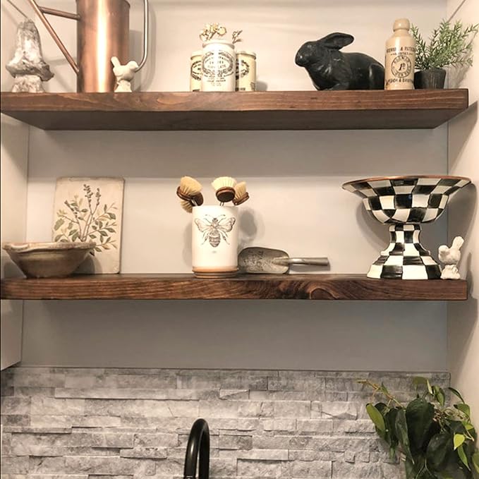 URBANDI, Rustic Floating Shelves, Set of 2, Hidden Bracket, Solid Wood, Heavy Duty, Wall Mounted Shelves, (Provincial, 12Wx6D)